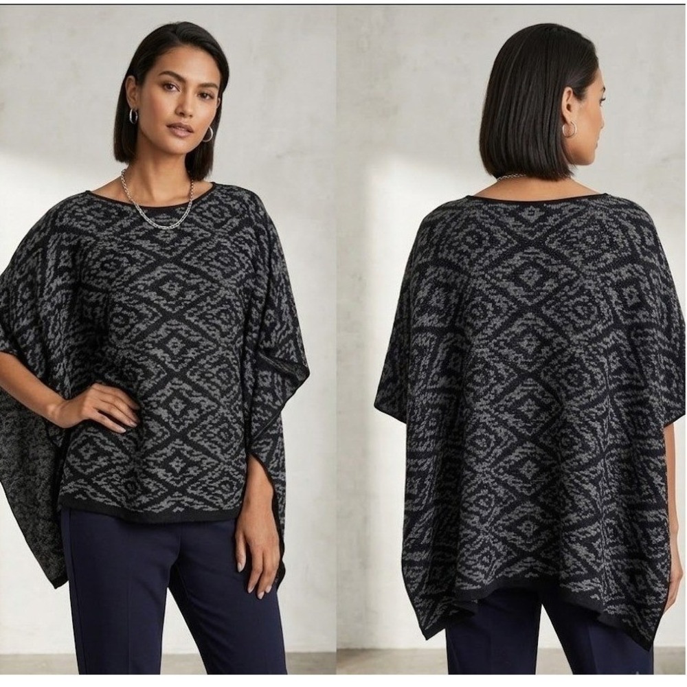 Eileen Fisher Organic Linen Textured Weave Poncho Diamond Knit R8VKD-N1344M Boho